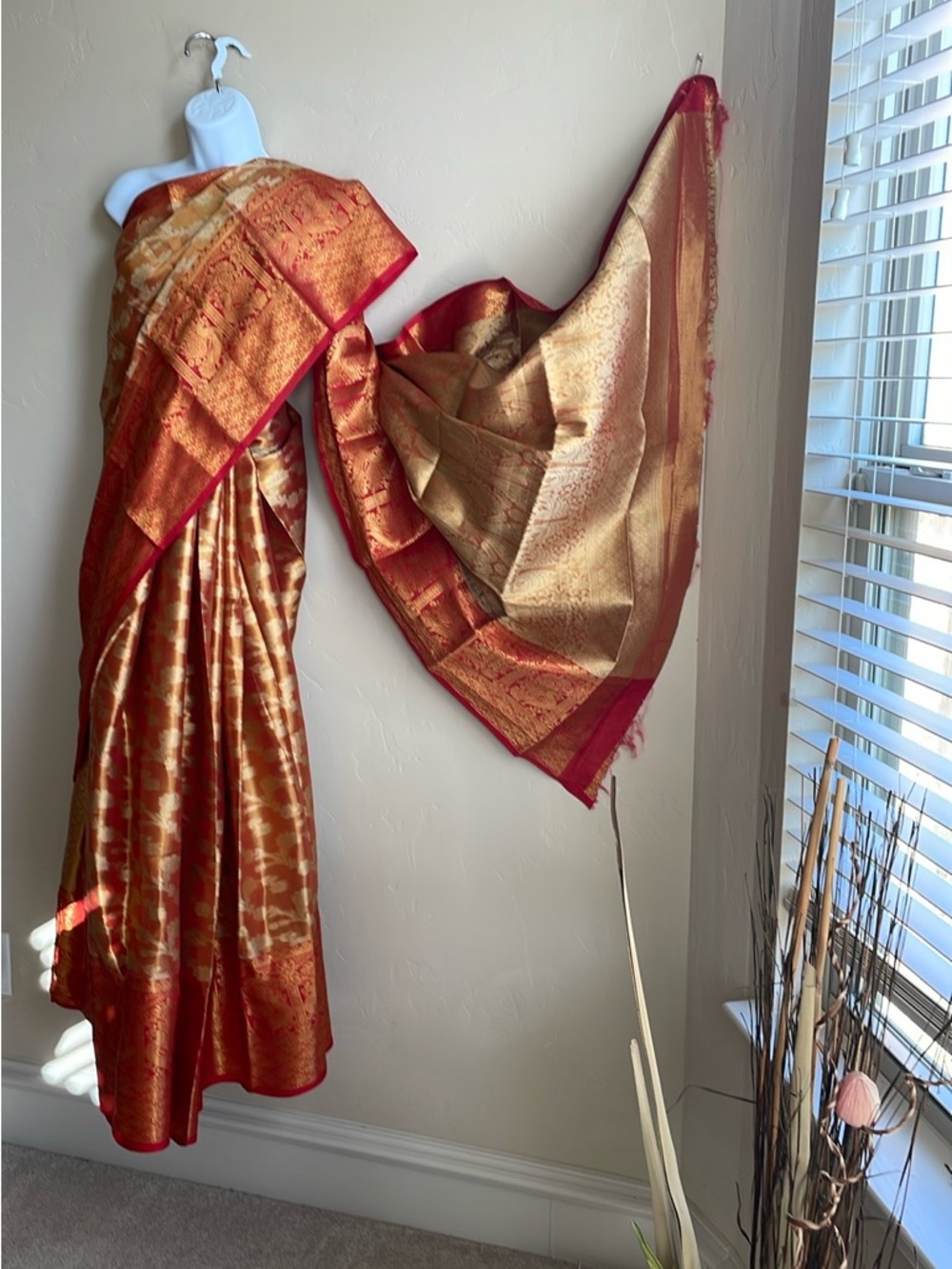 Silk Woven Saree in Red and Gold - Elegant Home Accent Display